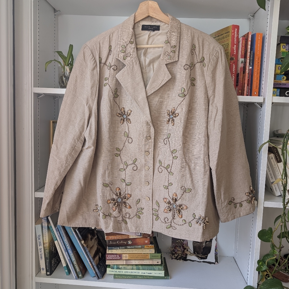 Silk Land Women's Button Up Blazer Embroidered Floral Cream Size 2XL Fall Autumn